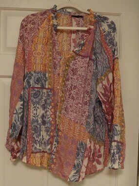 Lane Bryant Patchwork Boho Peasant Blouse 26/28 Sheer Long Sleeve